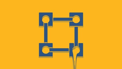 Poster - Blue Blockchain technology icon isolated on orange background. Cryptocurrency data. Abstract geometric block chain network technology business. 4K Video motion graphic animation