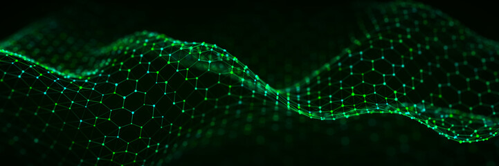 Technology hexagon dynamic wave. Futuristic honeycomb concept. Digital technology webflow. Big data visualization. 3D rendering.