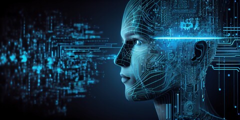 artificial intelligence, a humanoid cyber human with a neural network thinks. ai concept of big data
