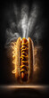 Tantalizing hot dog on dark background. Concept of delicious street food.