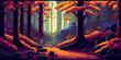 Autumn forest 2D old pc pixel style gaming level design background. Simple and cute landscape for your design. Level for computer platformer game concept. Generative Ai.