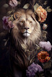 Lion portrait with flowers and leaves. Creative animal portrait. Generative Ai