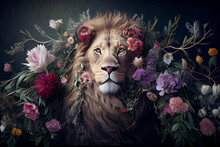 Lion Portrait With Flowers And Leaves. Creative Animal Portrait. Generative Ai
