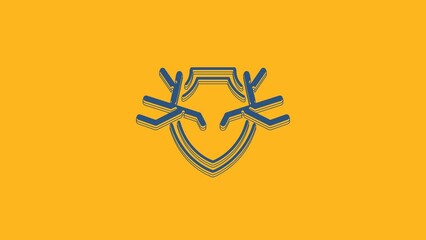 Sticker - Blue Deer antlers on shield icon isolated on orange background. Hunting trophy on wall. 4K Video motion graphic animation