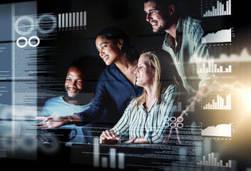 Poster - Fixing software issues with ease. Shot of a group of programmers working together on a computer code at night.