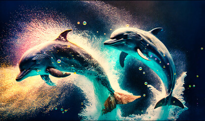 Wall Mural - Playful dolphins leaping through ocean waves