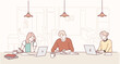 People studying at a study cafe. Hand drawn style vector design illustrations.
