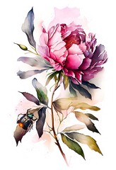 Wall Mural - Watercolor painting of pink peony flower and beetle. white background