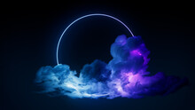 Cloud Formation Illuminated With Blue And Purple Fluorescent Light. Dark Environment With Circle Shaped Neon Frame.