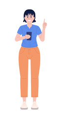Fototapete - Smiling woman with phone raising finger up semi flat color vector character. Editable figure. Full body person on white. Simple cartoon style spot illustration for web graphic design and animation