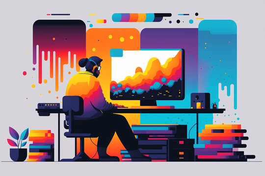 graphic designer working on computer in an office. Generative AI	