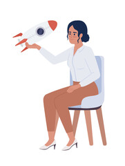 Poster - Woman in chair holding rocket on palm semi flat color vector character. Editable figure. Full body person on white. Simple cartoon style spot illustration for web graphic design and animation