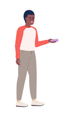 Poster - Young man holding remote controller semi flat color vector character. Editable figure. Full body person on white. Simple cartoon style spot illustration for web graphic design and animation