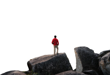 hiker man standing on top of mountain on blank background