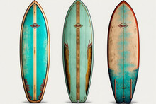 Collection Of Vintage Wooden Fishboard Surfboard Isolated On White With Clipping Path For Object, Retro Styles. Generative AI.