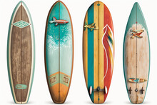 Collection Of Vintage Wooden Fishboard Surfboard Isolated On White With Clipping Path For Object, Retro Styles. Generative AI.