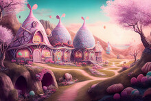 Easter Party, View Of A Delightful Valley With Cute Fairytale Easter Cottages. Happy Easter Day. Generative AI.