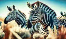 A Herd Of Zebras Grazing On Grasses