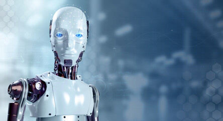 Poster - 3d rendering of human robot cyborg portraits on blurred factory background with copy space, looking at camera. Futuristic AI robotic humanoid machine, artificial intelligence technology concept.