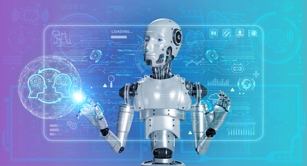 Aufkleber - 3d rendering human robot working and learning on virtual reality hologram interface display screen with digital big data tech and information. Ai robotic, artificial intelligence technology concept.