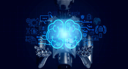 Aufkleber - Brain working of Artificial Intelligence (AI) with 3d rendering robot showing all smart technology icons, digital element on blue background. Robotic on interface and network connection concept.