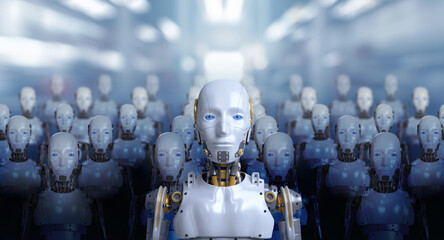 Poster - 3d rendering of leader human robot portraits with robotics army, industrial group of cyborg machines on factory background. Futuristic AI robotic team, artificial intelligence technology concept.