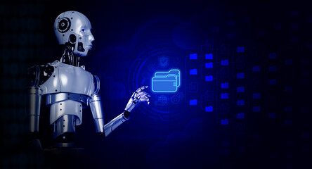 Aufkleber - 3d rendering robot pointing hand on virtual hologram of digital folder storages and many files for data information online searching on blue background. Ai robotic, artificial intelligence automation.