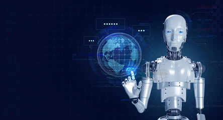 Aufkleber - 3d rendering robot pointing on virtual hologram of digital world and chat icon for online data information on blue background. Ai robotic, chatbot, artificial intelligence automated assistant support.