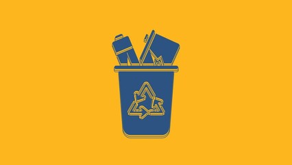 Wall Mural - Blue Recycle bin with recycle symbol icon isolated on orange background. Trash can icon. Garbage bin sign. Recycle basket sign. 4K Video motion graphic animation