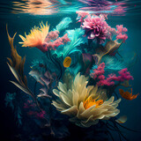 Romantic spring concept, fresh beautiful meadow flowers, underwater bouquet. Clear blue water, abstract background. Illustration, Generative AI.