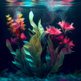 Romantic spring concept, fresh beautiful meadow flowers, underwater bouquet. Clear blue water, abstract background. Illustration, Generative AI.