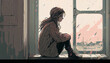 illustration of a girl person who is sad and pensive sitting by the window looking out the window in rainy weather due to the big loss of a loved one