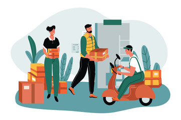 Poster - Post green orange concept with people scene in the flat cartoon design. Postal workers explain to the courier where the parcels need to be taken. Vector illustration.