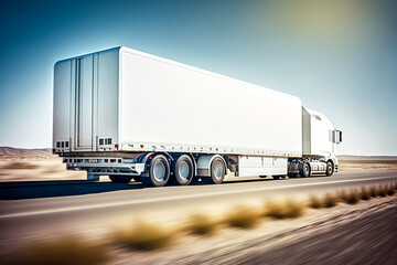 Big white truck moving on the street. A car with a trailer with a place to display graphics, advertising or inscriptions. Modern road transport. Motion blur. Generative AI.