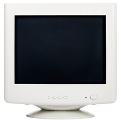Vintage CRT computer monitor with black screen isolated on white background