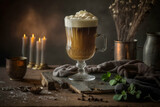 Irish coffee with foam served in a large transparent mug or glass. A dark strong drink standing in an atmospheric bar or restaurant. Dark beer. Banner illustration. Studio lighting. Generative AI.