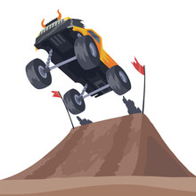 Jumping Monster Truck Show. Bright Colorful Cartoon Auto With Big Wheels. Car With Large Tires For Rally 4x4 Computer Or Mobile Game. Vector Cartoon Illustration