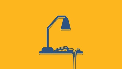 Poster - Blue Workplace with table lamp and open book icon isolated on orange background. Table office lamp. 4K Video motion graphic animation