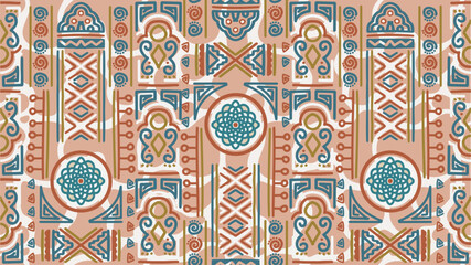  Drawing pattern abstract African tribal geometric shapes, ancient ethnic traditional symbols and ornate signs with decorative batik motifs, hand drawn stripes line. Vector illustration textile print.