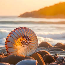 Artificial Intelligence Generated Image Of The Large Nautilus Shell And Ordinary Shell Laying On The Beach In The Waves Of The Ocean At Golden Hour.
