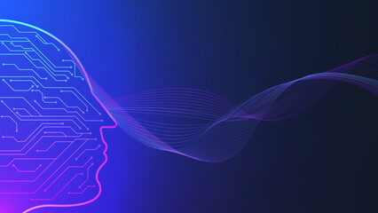 Poster - Human big data visualization and artificial intelligence concept with flow waves background. Women face outline with electronic circuit board background.