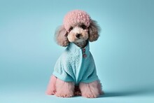 Portrait Of Cute White Puddle Dog, Wearing Pastel Blue Knitted Sweater. AI Image Made With Love