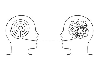 People talk, therapy speech outline. Tangle confused and untangle logic thinking brain. Psychotherapy communication. Conversation two person, dialog speak. Vector continuous line illustration