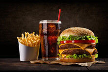 Burger, French Fries, Cola Drink On Black Background. Takeaway Food. Fast Food. Based On Generative AI