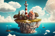 © MxCaptures - A Colorful, Cheerful and Exotic Floating Island with a Modern Manor and Stylized Lighthouse - Generative Ai