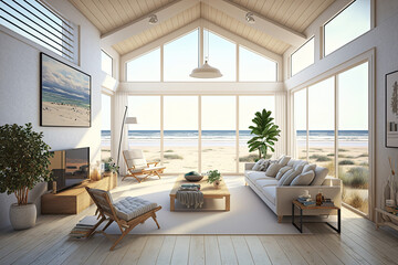 summer beach house with furniture has a living room with a view of the ocean. inside a vacation home