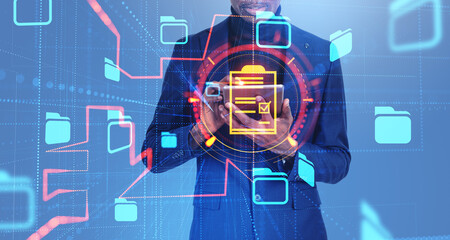 Poster - man with tablet, document management system interface
