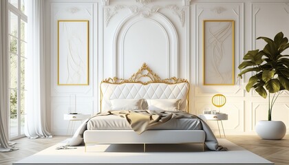 Mock up of a modern classic minimalistic luxury bedroom with a double bed with a comforter and pillows, a mirror, and decorations. idea for an interior design concept.