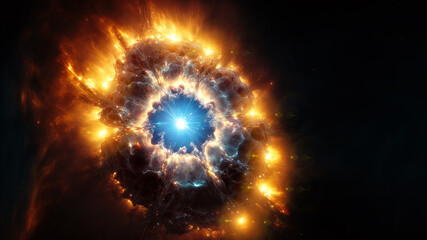 Fototapete - View of the birth of a star in space during a nebula explosion. Nuclear fusion of cosmic clouds of gas and dusts. Universe background. Generative ai