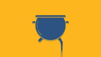 Sticker - Blue Halloween witch cauldron icon isolated on orange background. Happy Halloween party. 4K Video motion graphic animation